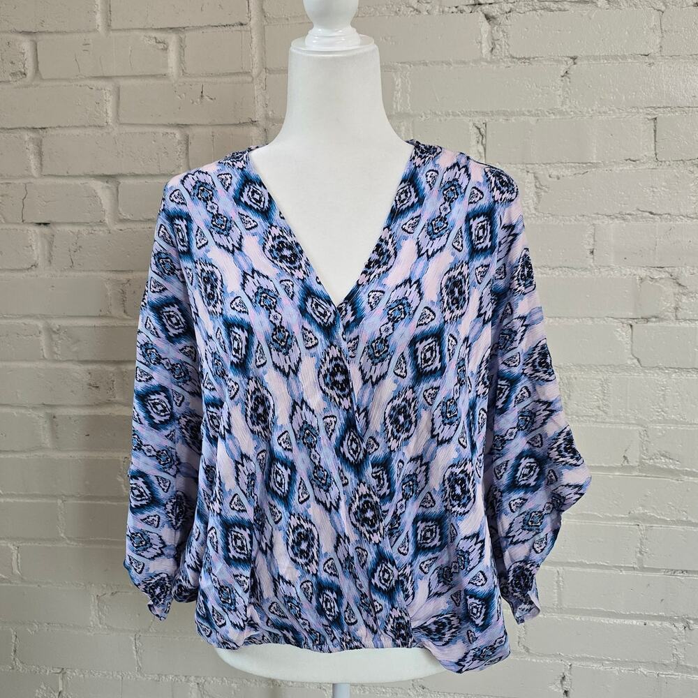 Boho Ikat Print Faux-Wrap Top | Andree by Unit Size S |  Rayon | Modern Workwear